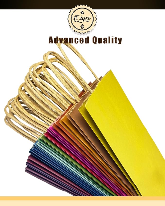 qiqee 32-Packs Paper Bags with Handles Bulk 8.26"×6"×3.15" Small Gift Bags 16 Different Senior Color Bags Multiple Uses（Small Size）