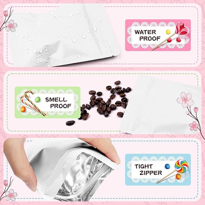 Funfery 100 Pack White Mylar Packaging Bags Resealable Bags Double Sided Color Odor Proof Pouch Baggies Smell Proof Foil Bag for Food Storage,Small Business(White,4.7x7.9inch)