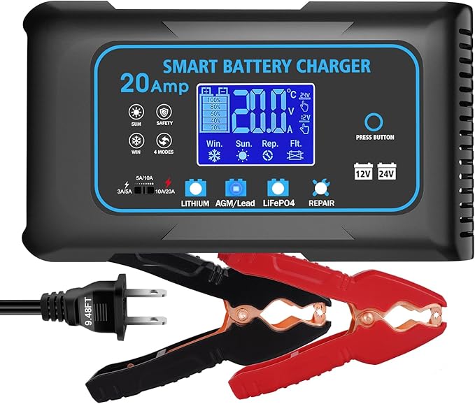 20 AMP Battery Charger, 12V/24V Lead-Acid, Lithium, LiFePo4 Smart Battery Charger, Trickle Charger, Fully Automatic Chargers and Maintainer for Car, Motorcycle, Lawn Mower