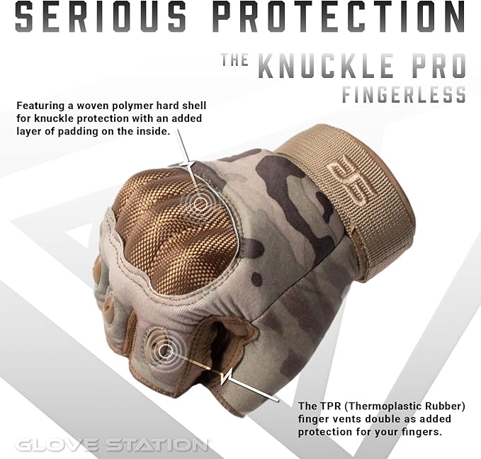 Glove Station- Fingerless Knuckle Tactical Gloves for Men - Motorcycle Gloves for Tactical Shooting, Airsoft, Hunting, Police Work and Hiking