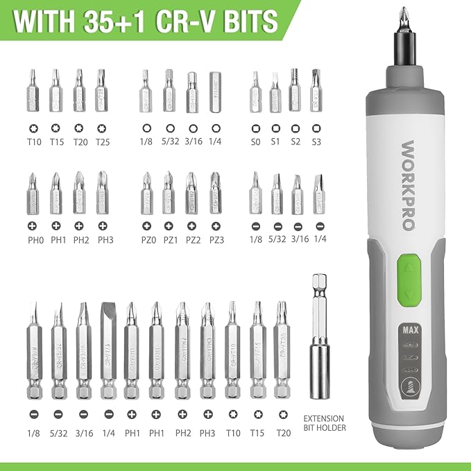 WORKPRO 4V Electric Screwdriver, Rechargeable Cordless Screwdriver Set with 35 Bits, Extension Rod, USB Charging Cable in Carrying Case, LED Light, White Gray