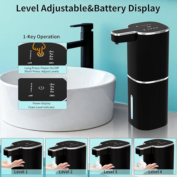 Automatic Soap Dispenser Touchless, Wall Mounted Smart Soap Dispenser, USB Rechargeable, 4 Adjustable Levels, 14.2oz / 420ml Large Capacity, for Bathroom, Kitchen, School (Black, Foaming)