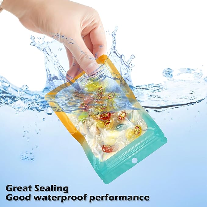 300 Pcs Holographic Mylar Bags, 3 Size Smell Proof Bags with Clear Window Foil Pouch Bags Resealable Bags for Small Business and Food Storage, Blue Orange