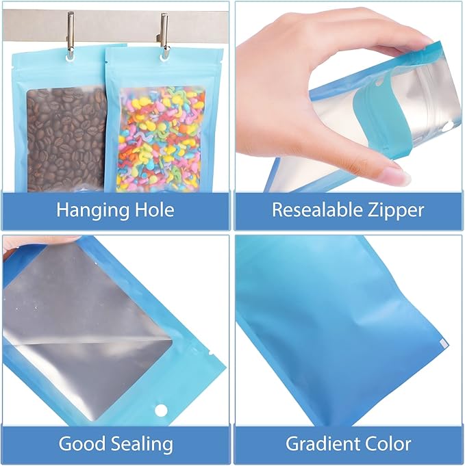 Funfery 100 Pcs Resealable Smell Proof Bags for Food Storage,Clear Cute Gradient Mylar Bags for Small Business Foil Zipper Packaging Bag for Sample Jewelry Eyelash Gloss(Blue Blue,3.1×4.7in)