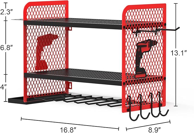Power Tool Organizer Wall Mount Heavy Duty, 3 Tier 4 Drill Holder 17 Inch, Tool Holder and Storage Rack for Garage Organization (Red)