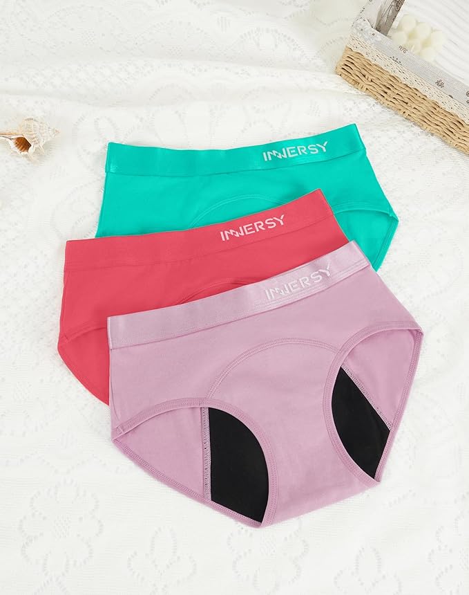 INNERSY Period Underwear for Teens Girls Cotton Leak-Proof Menstrual Panties 3-Pack