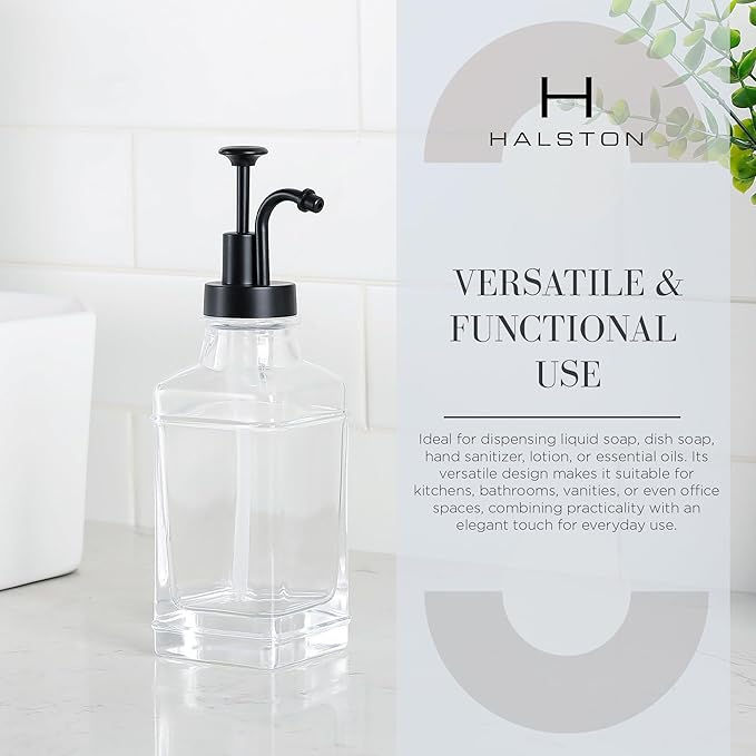 Clear Glass Soap Dispenser with Matte Black Dispenser Pump, Modern Refillable Pump for Bathroom, Kitchen, or Office, Elegant Accent Piece for Interior Decoration