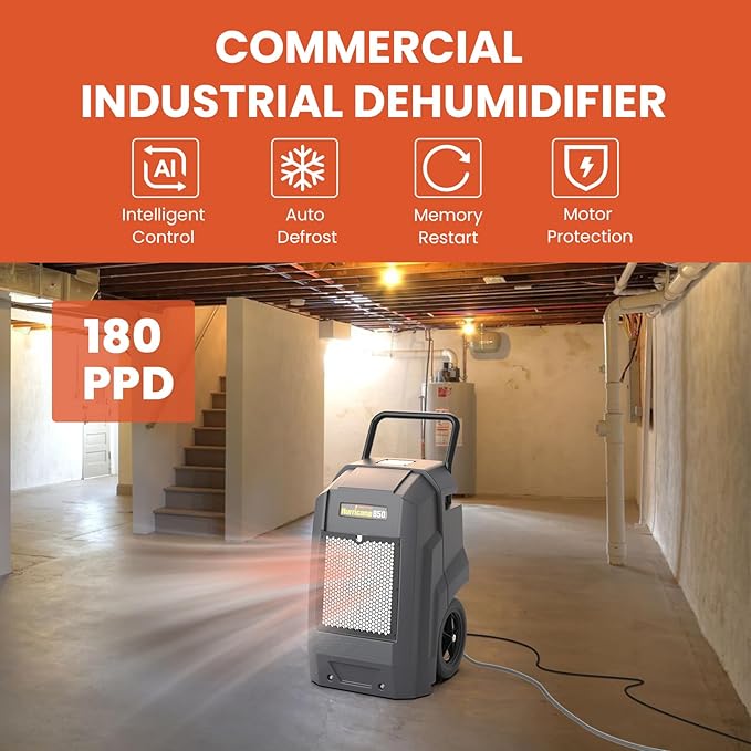 Abestorm Commercial Dehumidifier with Pump Drain Hose, 180 Pints Large Capacity Industrial Dehumidifier for Basements, Garages, Job Sites, 5 Years Limited Warranty, Grey