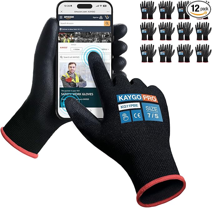 KAYGO Safety Work Gloves PU Coated for Men and Women, 12 Pairs KG11PB, Seamless Knit Glove with Two Fingers Touchscreen, breathable and lightweight Ideal for General Duty Work (Small,Black)