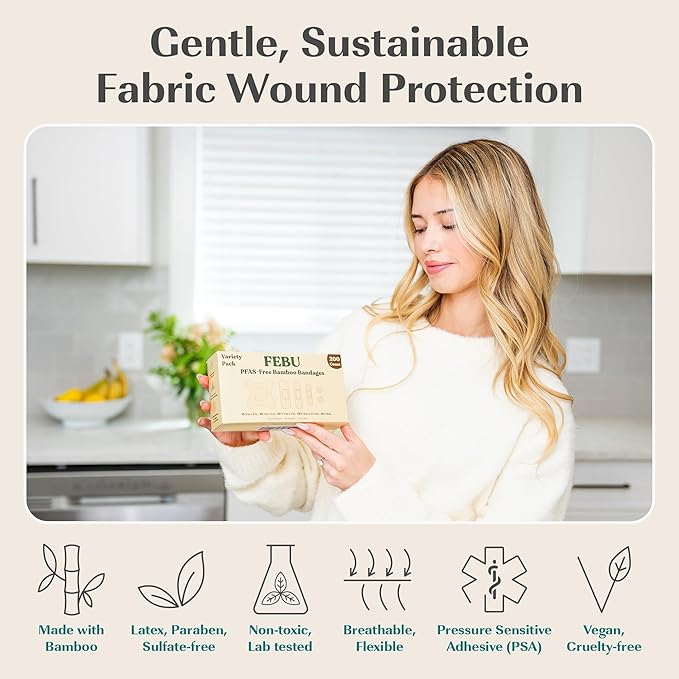 FEBU Eco-Friendly Large Bamboo Bandages | PFAS Free Bandages for Scrapes & Cuts | Flexible Fabric Bandage | Fully Compostable, Latex Free Bandage | 20 Count Large
