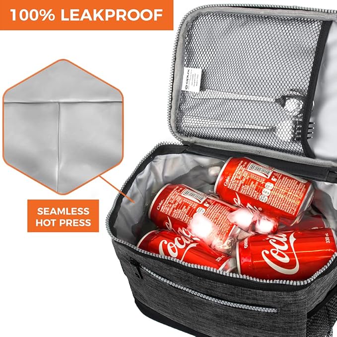 opux Insulated Lunch Box Men Women, Lunch Bag for Work School, Leakproof Soft Cooler Tote Adult, Large Lunch Pail Kids Boys Girls, Picnic Beach Food Bag with Shoulder Strap, Charcoal