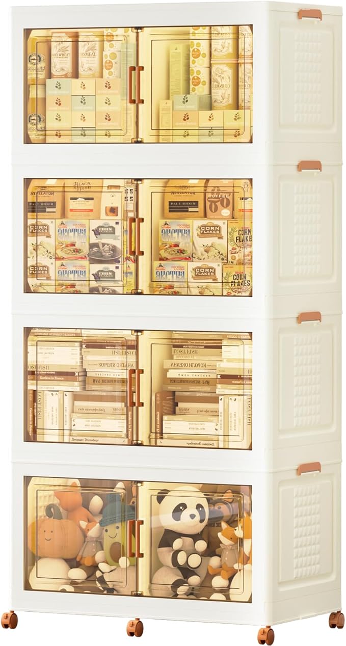 JEKO&JEKO 800Qt Foldable Storage Bins with Lids, Doors & Dividers, Stackable Plastic Drawers with Wheels for Home, Closet & Garage Organizer, 4 Pack, Cream