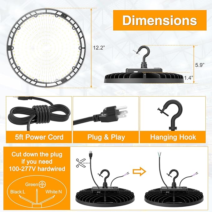 UFO LED High Bay Light 150W 120W 90W Adjustable High Bay LED Shop Lights 4500K 5000K 5700K Tunable 0-10V Dimmable for Warehouse Garage ETL DLC Listed AC100-277V (2 Pack)