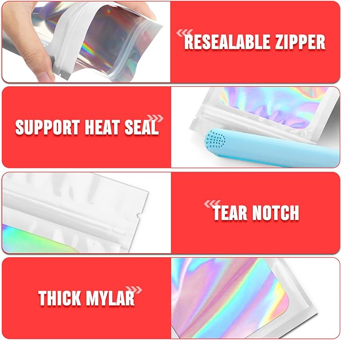 Funfery 300 Pack 3 Size Mylar Holographic Bags with Clear Window,Resealable Bag Smell Proof Foil Baggies Packaging Pouch for Food Storage,Sample,Small Business(White,3x4.7,4x6,4.7x7.9in)