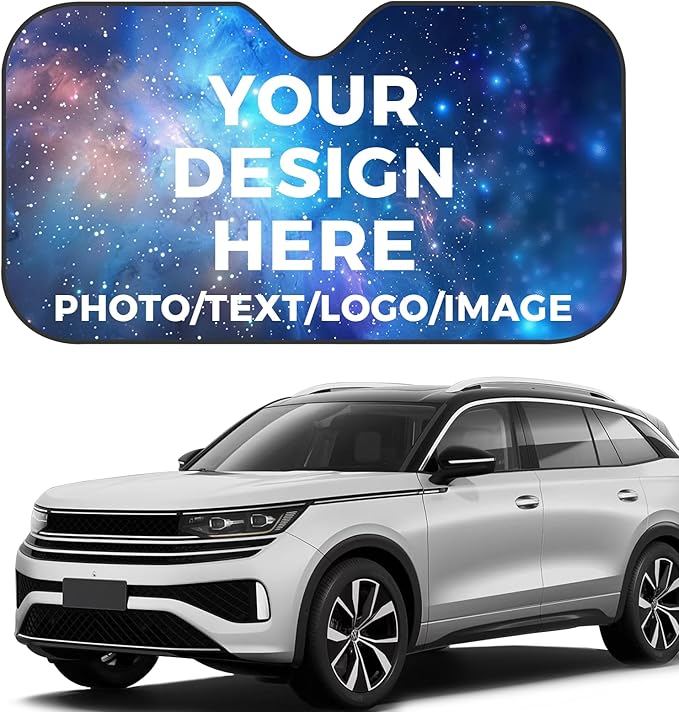 Custom Car Windshield Sun Shade, Design Your Own Image or Text, Keeps Vehicle Cool, Personalized Foldable Front Window Visor Reflective UV Protector Aluminum Foil Sunshield