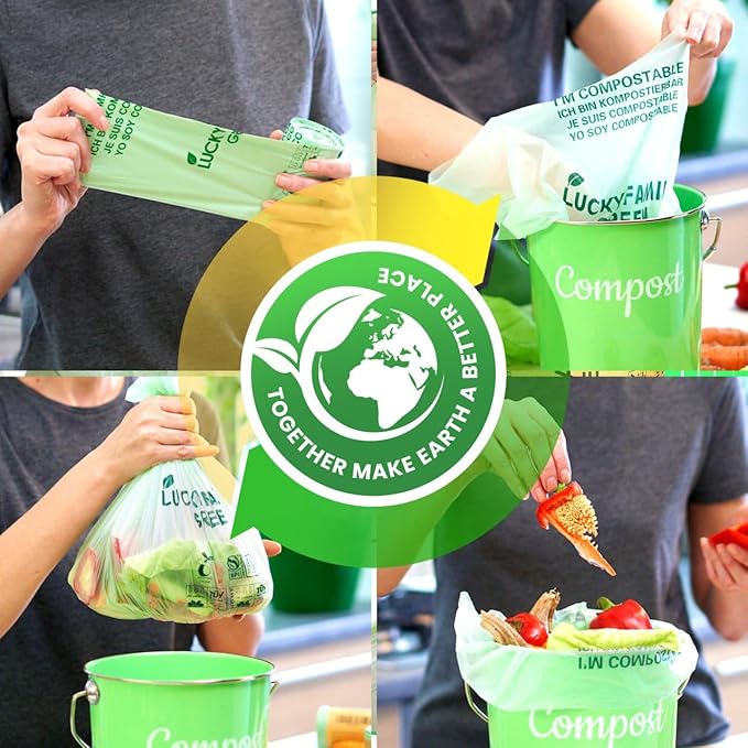 Lucky Family Green Compost Bags for Kitchen Countertop Bin - 100% Compostable Trash Bags for Food Waste, Organic Biodegradable Trash Bags (1.3-1.6 Gallon, 50 Count)