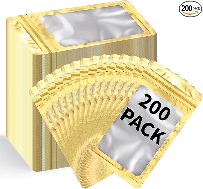 200 Pack Resealable Mylar Holographic Bags Food Storage Smell Proof Bags with Front Window Foil Packaging Pouch for Candy Sample Jewelry Small Business 3.15×5.51 Inch, Gold