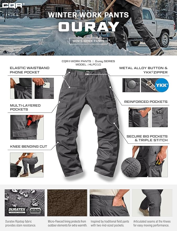 CQR Men's Winter Tactical Cargo Pants, Thermal Fleece Lined Outdoor Snow Ski Hiking Work
