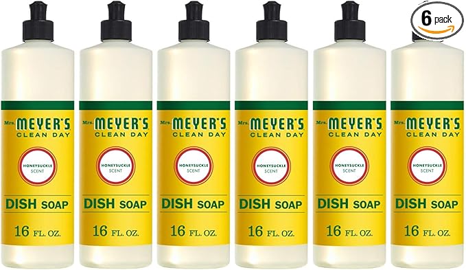 MRS. MEYER'S CLEAN DAY Liquid Dish Soap, Cruelty Free Formula, Honeysuckle Scent, 16 oz- Pack of 6
