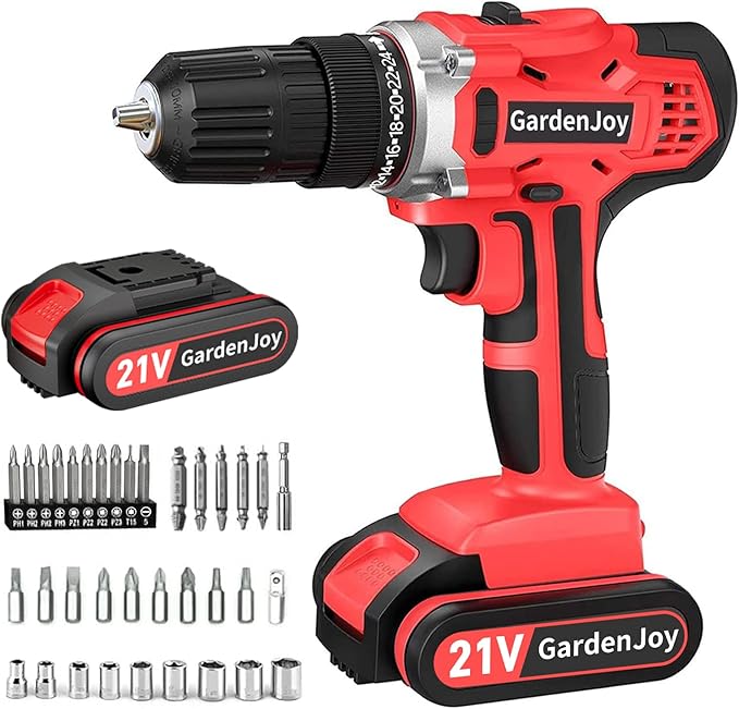 GardenJoy 20v Cordless Drill Set, Power Electric Kit Battery With Charger 30Nm 2-Speed 3/8" Keyless Chuck 24+1 Position Drill Driver screwdriver Bits with LED Electric Work Light for DIY