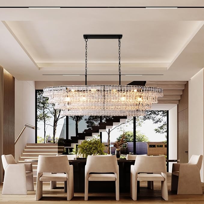 65 Inch Large Rectangular Black Chandelier for Dining Room, Clear Glass Drum Modern Pendant Light Fixture, Extra Long Kitchen Island Lighting