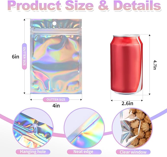 4"X6"120Pcs Resealable Holographic Aluminum Stand Bag for Small Business&Personal, Reusable Smell Proof Mylar Bags with Clear Window Ziploc Foil Pouch for Packaging,Jewelry,Nail Art,Makeup,Candy,Snack