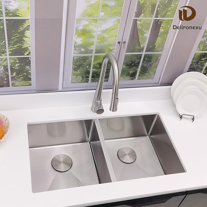 32 Inch Double Bowl Kitchen Sinks Undermount – Delironexu 16 Gauge Stainless Steel Kitchen Sink Double Bowl, 32x18 Undermount kitchen Sink with Brushed Finish, 50/50 Double sink