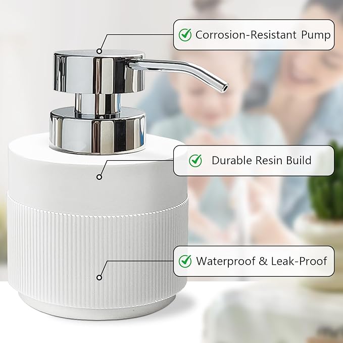 Resin Soap Dispenser for Bathroom, Hand Lotion Liquid Dispenser Easy-to-Press with Reusable Plastic Pump for Shampoo Bathroom Kitchen Countertop Anti-Slip Rust-Proof 12.5 oz White