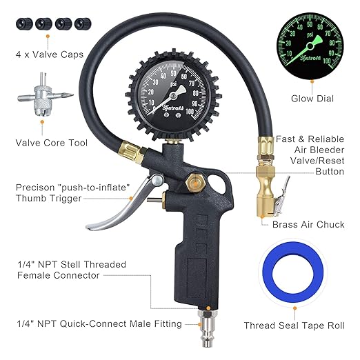 AstroAI Tire Pressure Gauge with Inflator, 100 PSI-ANSI B40.1 Accurate, Large 2.5" Easy Read Glow Dial, Heavy Duty Air Chuck and Compressor Accessories with Rubber Hose and Quick Connect Coupler