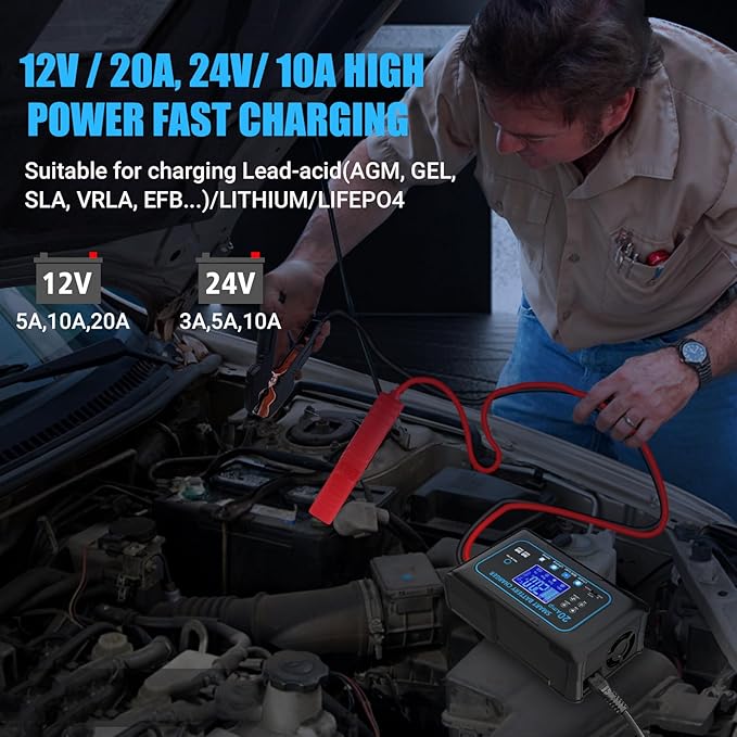 20 AMP Battery Charger, 12V/24V Lead-Acid, Lithium, LiFePo4 Smart Battery Charger, Trickle Charger, Fully Automatic Chargers and Maintainer for Car, Motorcycle, Lawn Mower