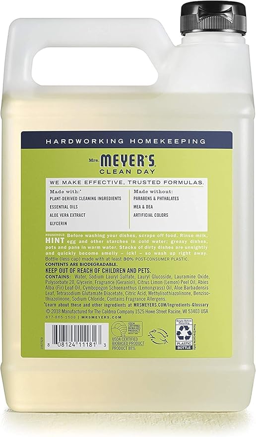 Mrs. MEYER'S CLEAN DAY Liquid Dish Soap Refill, Biodegradable Formula, Lemon Verbena, 48 Fl Oz. (Pack of 6)