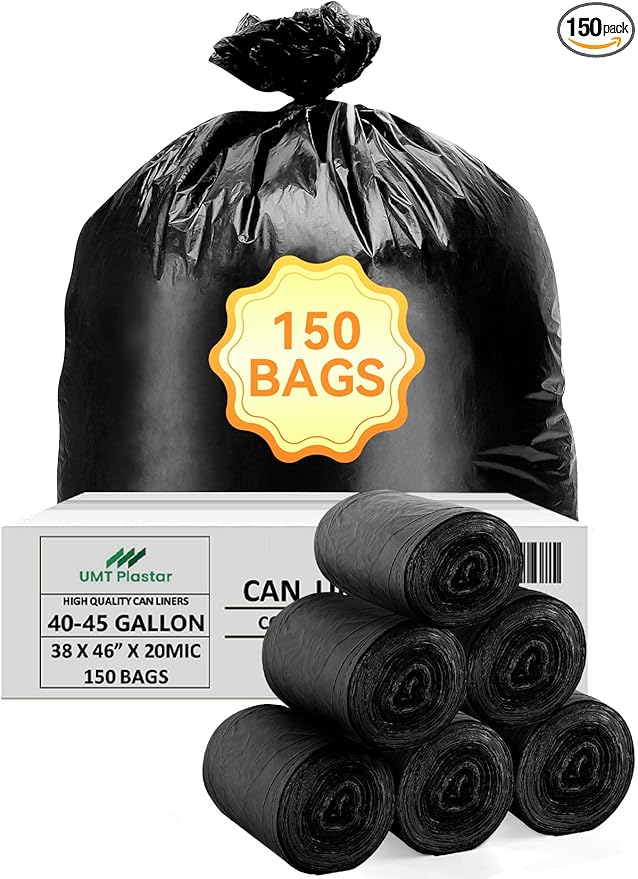 150 Count Heavy Duty Black Trash Bags, 40-45 Gallon, 38x46 Inches, 20 Micron Thick Large Garbage Bags