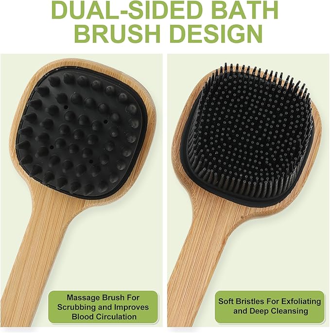 Silicone Back Scrubber for Shower, Silicone Bath Body Brush Loofah with Long Handle, Dual-Sided Shower Brush for Body, Black Exfoliating Body Scrubber for Men Women, Back Washer for Men with Hook
