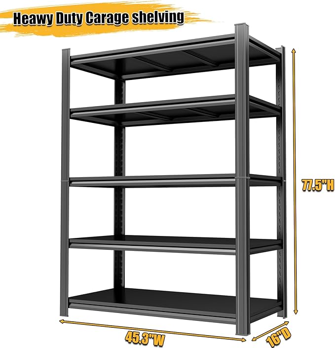 78" H Garage Shelving, 2500 LBS Heavy Duty Storage Shelves, Adjustable 5 Tier Metal Shelving Unit, Standing Shelf for Storage, Industrial Metal Utility Shelves for Workshop, Basement, Home Office