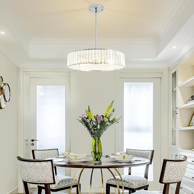 Modern Chrome Crystal Chandelier,20in Dinning Room Light Fixture,Round Kitchen Hanging Drum Pendant Lights,Semi Flush Mount Ceiling for Living Room Entryway Bedroom Foyer, 5-Light