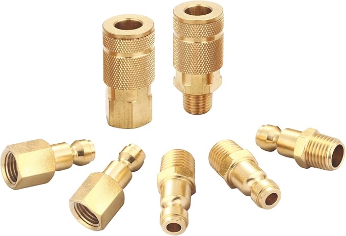 Coupler and Plug Kit (7 Piece), Automotive Type C, 1/4 Inch NPT, Solid Brass Quick Connect Air Fittings Set