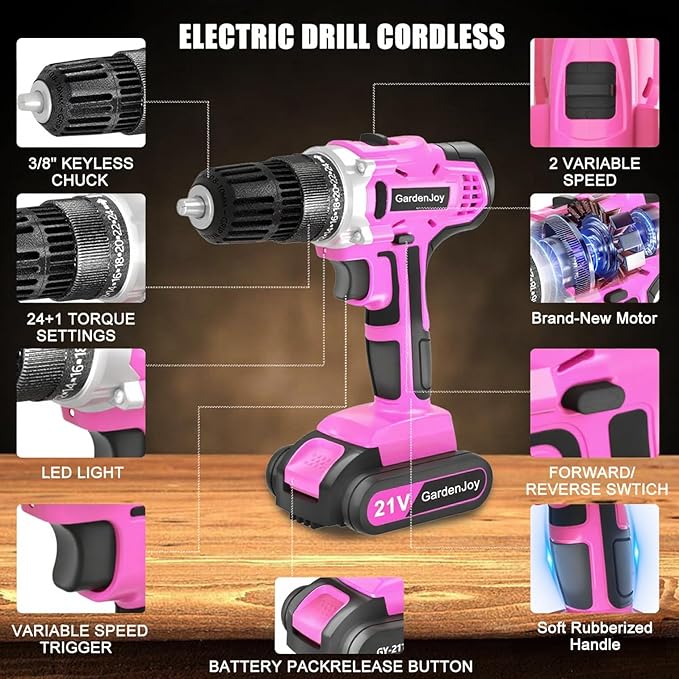 GardenJoy 20v Cordless Drill Set, Power Electric Kit Battery With Charger 30Nm 2-Speed 3/8" Keyless Chuck 24+1 Position Drill Driver screwdriver Bits with LED Electric Work Light Women DIY