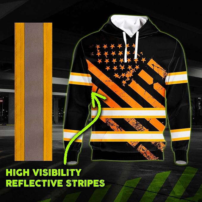 Color US Flag High Visibility Hoodie for Men Women Reflective Tapes Safety Workwear for Worker Runner Patriotic