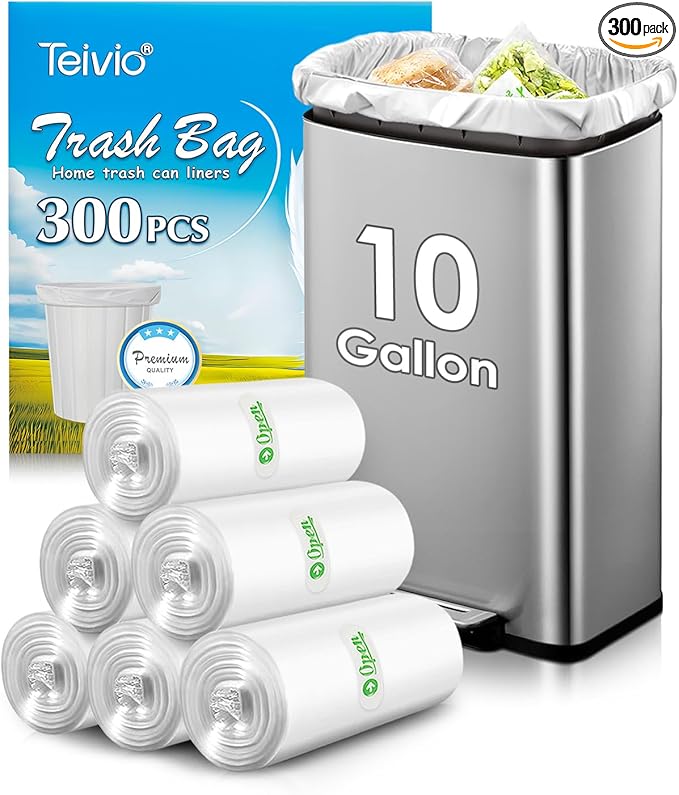 10 Gallon 300 Counts Medium Trash Bags Tall Kitchen Garbage Bags by Teivio, 9 Gallon 10 Gallon 11 Gallon,Bathroom Trash Can Bin Liners, Intended for Home,Plastic Bags for office kitchen, Clear