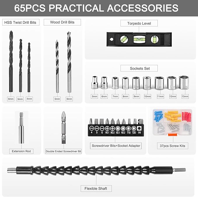 GardenJoy 20V Cordless Drills Set, Power Electric Drill kit with Battery and Charger 65pcs Acessories 3/8"Keyless Chuck 2 Variable Speed 24+1 Position Compact Driver Kit for Home & DIY Project