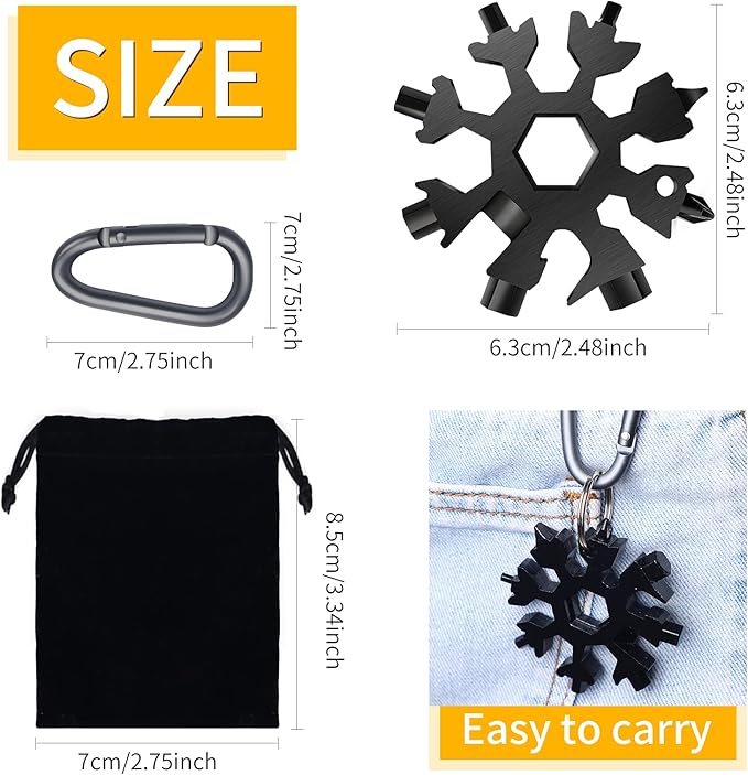 Snowflake Multitool, 1 Pieces 18-in-1 Stainless Steel Snowflake Standard Multitool, Snowflake Tool with Key Ring, Carabiner Clip and Gift Bag (Black)