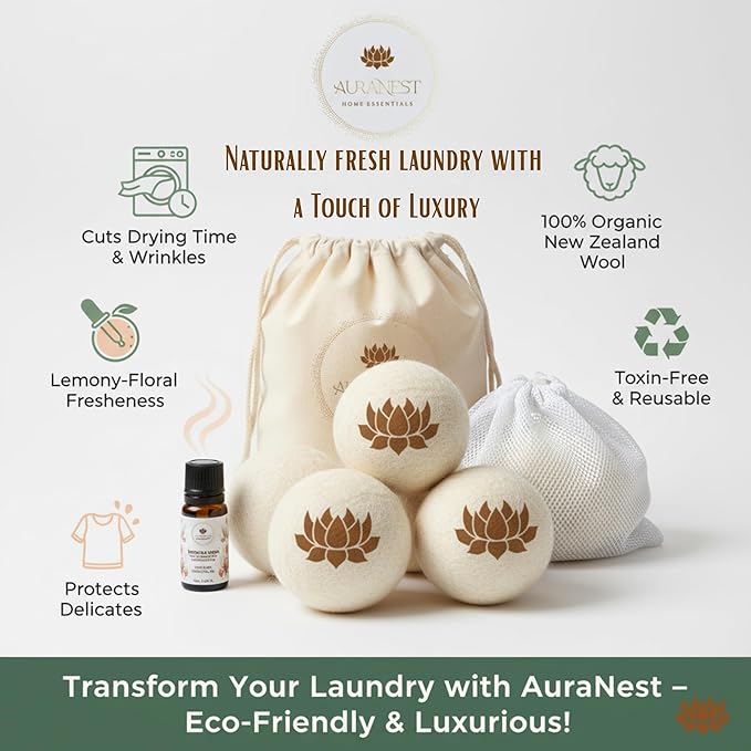 AuraNest Premium Quality Wool Dryer Balls Kit – 100% Organic XL Dryer Balls with Essential Oil & Laundry Mesh Bag, Reusable Fabric Softener Alternative to Dryer Sheets, Eco-friendly Housewarming Gift