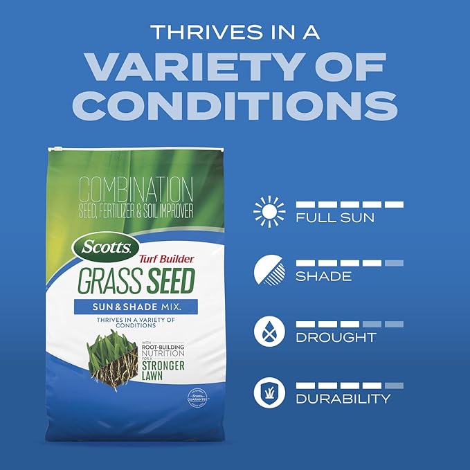 Scotts Turf Builder Grass Seed Sun & Shade Mix with Fertilizer and Soil Improver, Thrives in Many Conditions, 2.4 lbs.