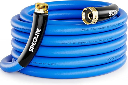 SPECILITE Hot/Cold Garden Water Hose 25 ftx 5/8 in, -50℉ To 190℉, Heavy Duty, Flexible, Burst 605 Psi, Lightweigh, Upgraded Rubber Pipe with 3/4" Brass Fittings For Backyard, Outdoor, Farm, Blue