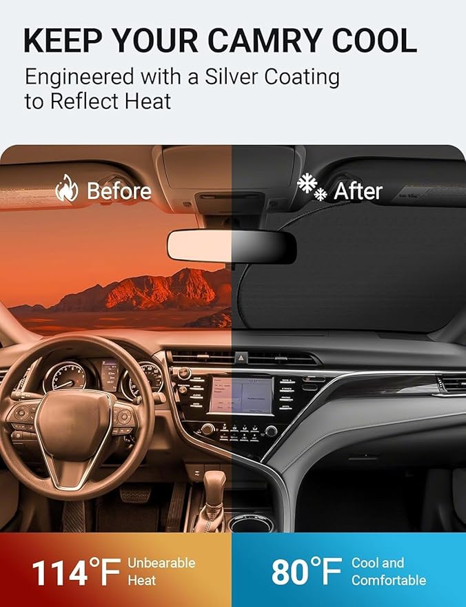 Proadsy 2025 Upgrade Windshield Sun Shade Custom Fit 2018-2024 2025 Camry LE XLE Hybrid SE XSE 4-Layer Foldable Front Sunshade Protector Sun Visor Blocks UV Rays Keep Car Cooler