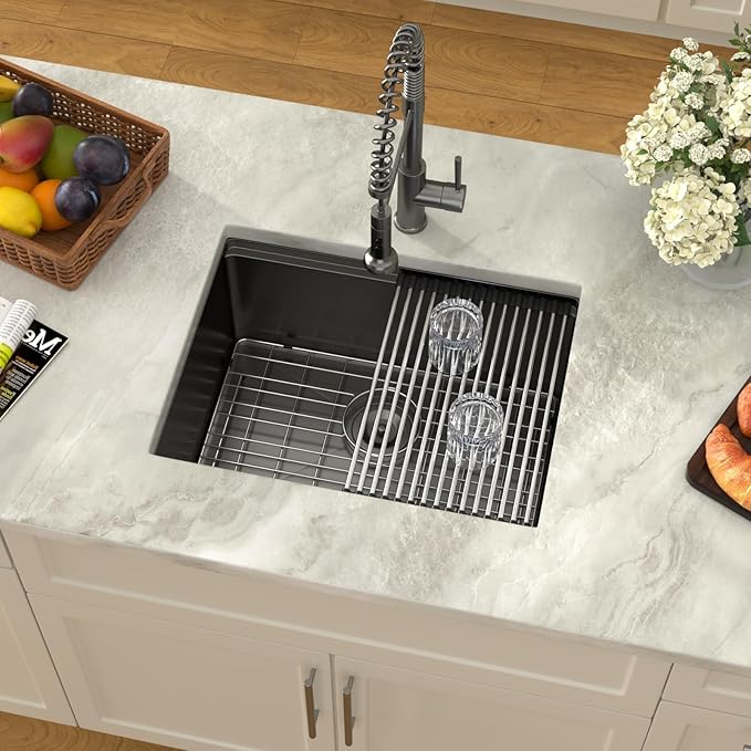 Dcolora 23 Inch Black Kitchen Sink Undermount Wet Bar Sink Workstation Single Bowl Stainless Steel Nano PVD Coating Small Kitchen Sinks,DC-UW6723