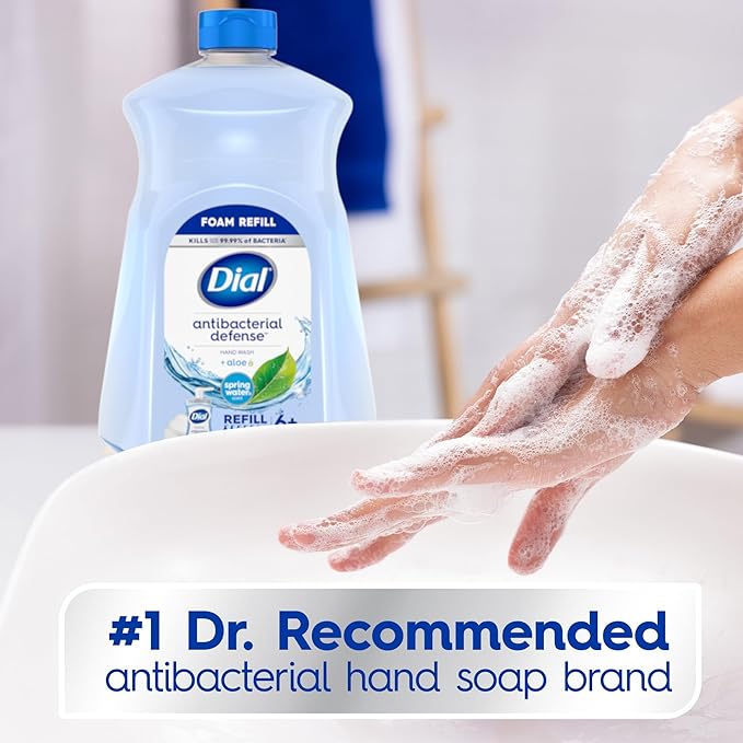 Dial Antibacterial Defense Foaming Hand Soap + Aloe, Spring Water Scent, 52 Fl Oz Hand Soap Refill, Dermatologist-Tested, Gentle on Skin