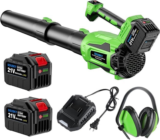 Leaf Blower Cordless, Battery Leaf Blower with 2 * 6.0Ah Batteries and Charger, 21V Brushless Electric Leaf Blowers with 5 Speed Levels and Turbo Mode for Lawn Care,Blowing Leaves,Yard Cleanup