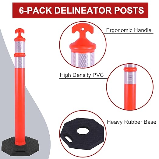 OrangeStar 42" Traffic Delineator Posts, 6 Pcs Orange Delineator Cones with Heavy Duty Rubber Base for Road Safety, Parking Lots