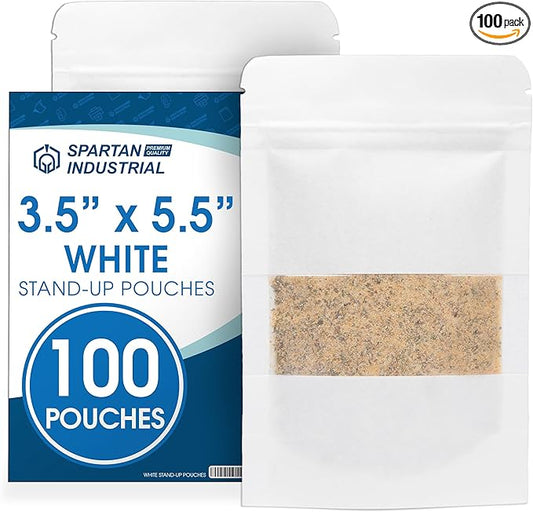 Spartan Industrial - 3.5" X 5.5" White Resealable Stand-Up Pouches - Pack of 100 Small Smell-Proof Food Pouch Bags for Packaging, Pet Treats, Cosmetics, and More